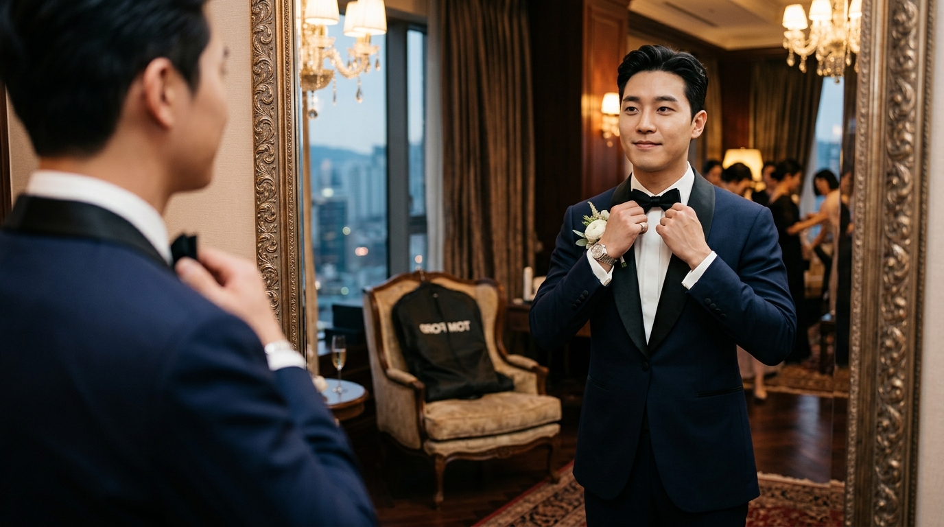 A handsome groom in a tailored wedding tuxedo suit